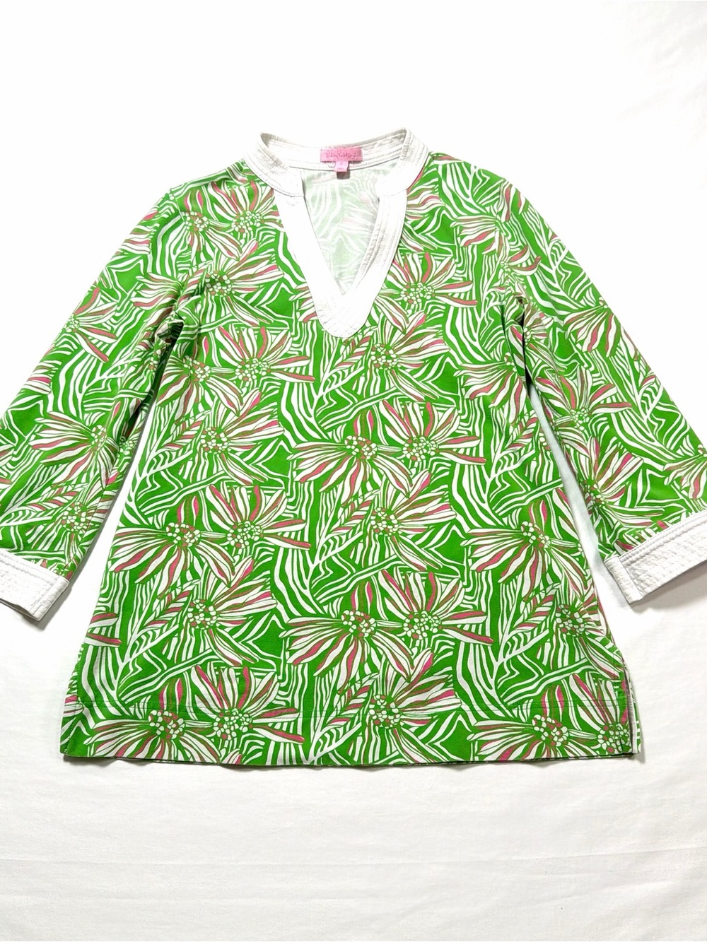 Lilly Pulitzer Renato Tunic Top Blouse Green Pink Women's S V-Neck 3/4 Sleeve
